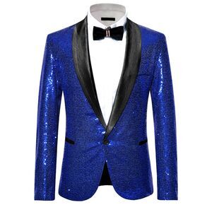 Sequin Sport Coats Shawl Lapel One Button Wedding Shiny Blazer Blue